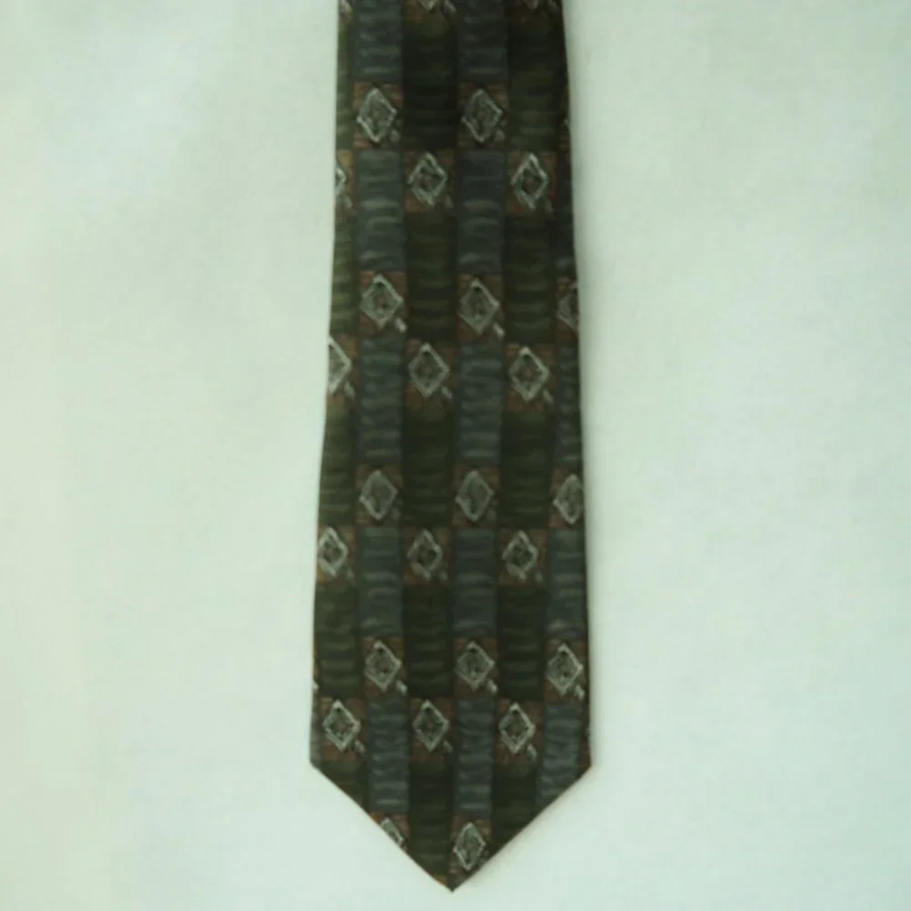 Henry Grethel Olive Green Neck Tie 100% Italian Silk Gray Brown Geometric Stripe